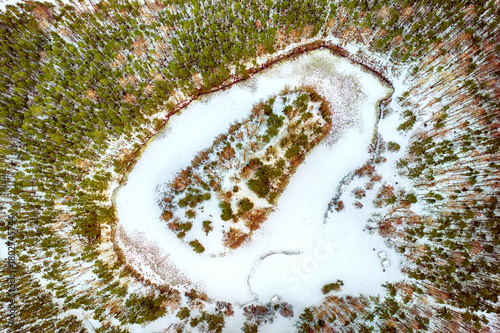 Forest in Estonia with frozen lake, covered with snow, aerial view. Winter se...