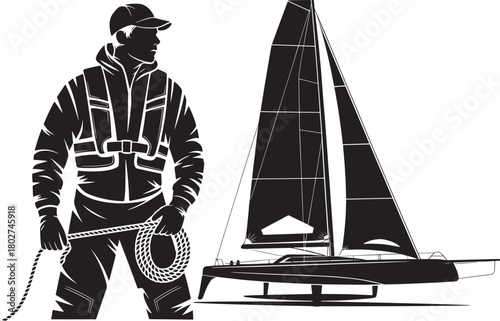 Sailor on a sailing yacht in life jacket holding rope stylized black and white vector graphic