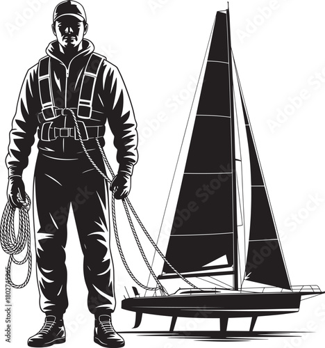 Seaman on a sailing catamaran holding mooring lines vector graphic black and white isolated