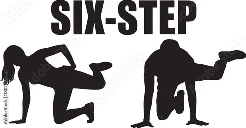 Six-step b-boying breakdance exercise graphic silhouettes representing modern hip hop culture movement sport
