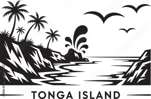 Tonga island vector illustration featuring cliffs palm trees and ocean blowhole landscape silhouette design.