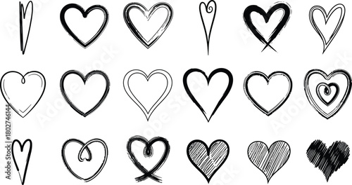 Collection of hand drawn sketchy heart shapes isolated on white background