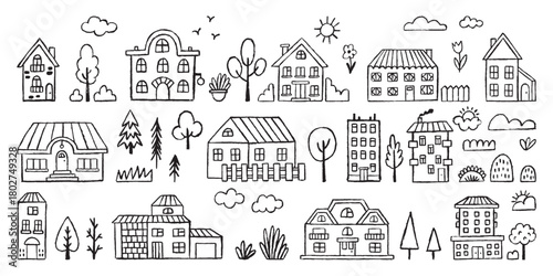 Pencil drawing houses. Grunge countryside buildings, children drawn style homes and nature elements. Clouds, fir tree, tree, sun, architecture neoteric vector set