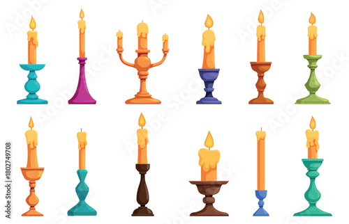 Cartoon candlestick set. Various candlesticks with candles and fire flame. Isolated home decoration for christmas, dating, cozy time, sapid vector set
