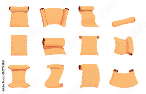 Medieval papyrus scrolls. Parchment scroll manuscripts and old papers for letters, diploma, certificate. Ancient aged treasure map sapid empty vector template
