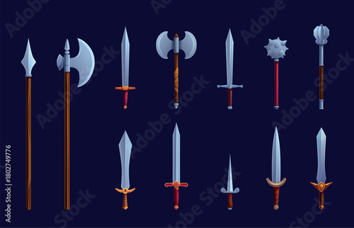 Medieval cartoon weapon. Ancient sword, knife, axe. Viking or knight weapons for war and battles. Historical warriors tools, game design sapid vector elements