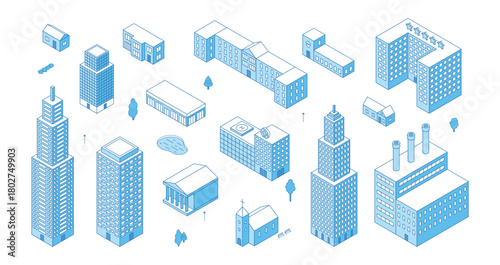 Isometric line city buildings. Urban infrastructure, apartment building, house, hotel, hospital, skyscraper. Elements for app map, town design, nifty vector set