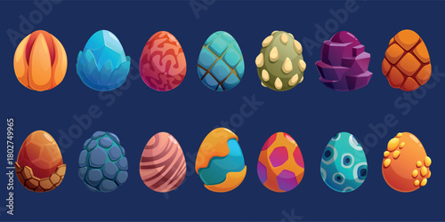 Fantasy dragon eggs. Cartoon neon egg from dinosaur, aliens or mystic creatures. Dame design assets. Magical and mythological elements, sapid vector set