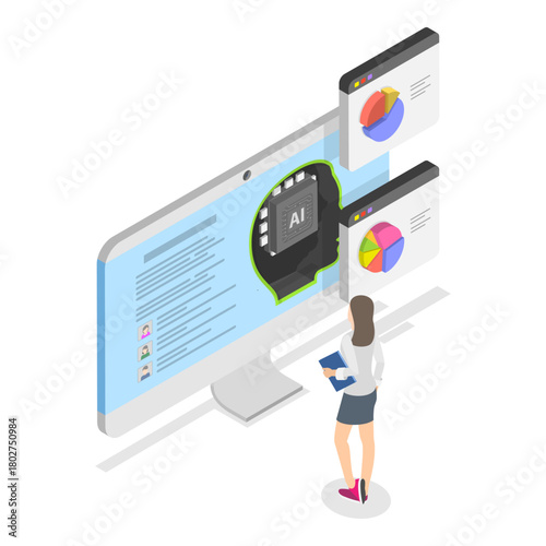 3D Isometric Flat Vector Illustration of AI In Human Resources , Robot HR Manager. Item 2
