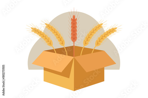 An open cardboard box contains wheat stalks, with one red stalk standing out against a muted background arc.