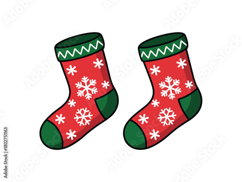 Two red Christmas stockings with green cuffs and white snowflake patterns are shown against a white background.