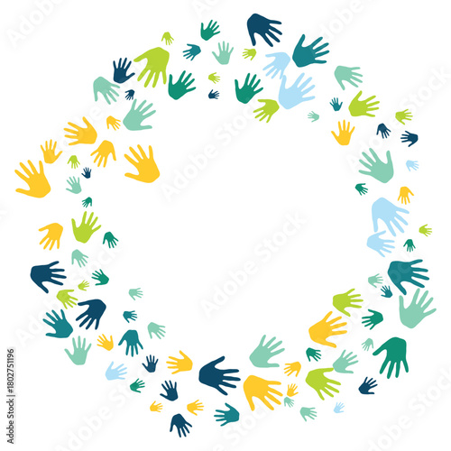 Cheerful children handprints nursery games concept vector illustration. Baby paint hand prints art therapy pattern. Kids group handprint silhouettes.