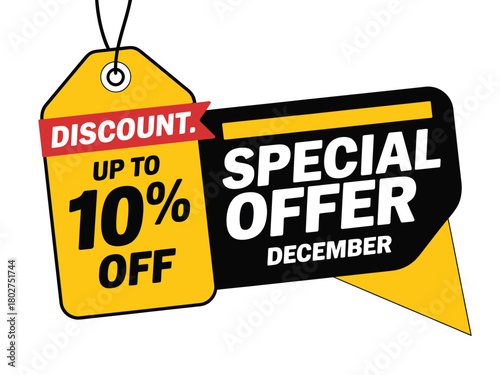 Special offer discount tag with up to 10 percent off for December.