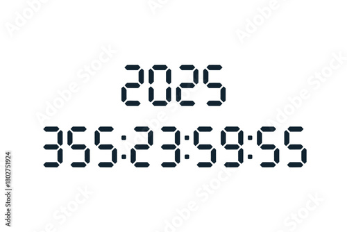 A digital display shows the year 2025 with a countdown timer of 355 days, 23 hours, 59 minutes, and 55 seconds.