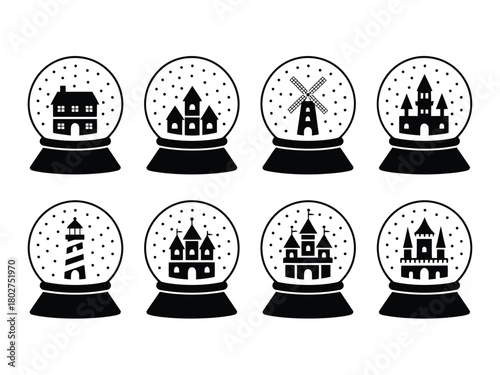 Collection of eight silhouette snow globes, each containing a different building or landmark.