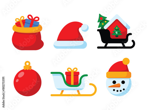 A collection of six festive Christmas icons featuring a gift bag, Santa hat, sleigh, ornament, and snowman.