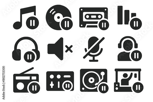 Audio Icons Paused. Solid style icons of audio pause: music note stop, vinyl paused, cassette stopped, equalizer frozen,