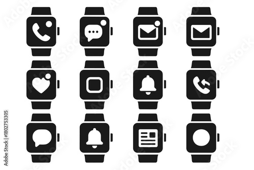 Smartwatch Notification Icons. Solid style icons of smartwatch notifications: incoming call, text message alert, email icon,