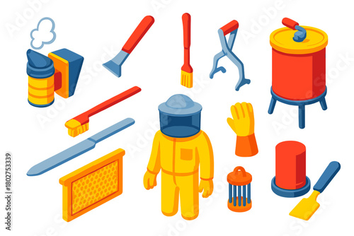 Vibrant Beekeeping Tools Icons. Isometric vector illustration set Beekeeping DIY Tools Icons: smoker, hive tool, bee brush, frame