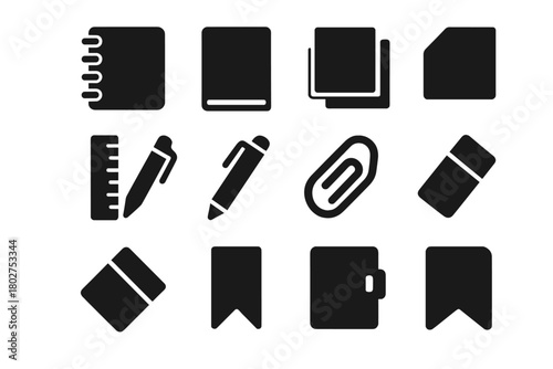Notebook Essentials Icons. Solid style icons of Notebook essentials: spiral notebook, hardcover notebook, sticky notes, page