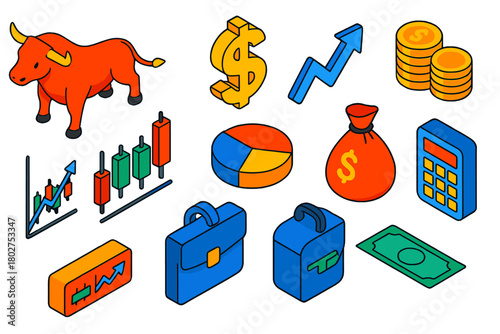 Financial Icons Set. Isometric vector illustration set Financial Analysis Icons: bull, bear, dollar sign, growth arrow, coins