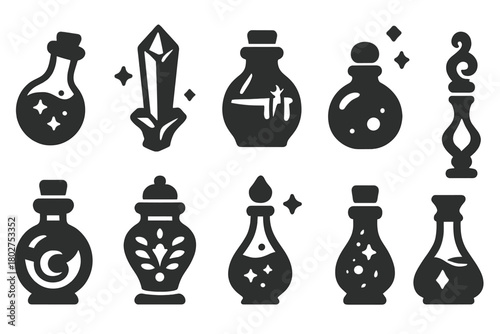 Enchanted Container Icons. Solid style icons of Enchanted containers: potion vial, crystal bottle, wooden flask, glass orb, metal