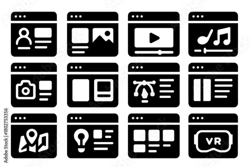 Creative Websites Icons. Solid style icons of creative websites: portfolio page, art gallery, video page, music streaming site,