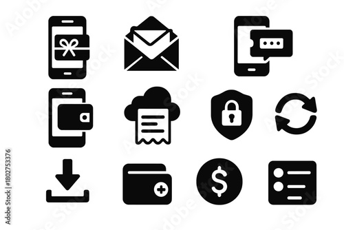 Digital Wallet Icons. Solid style icons of digital wallet gifting: smartphone with gift card, email e‑voucher, SMS code ticket,