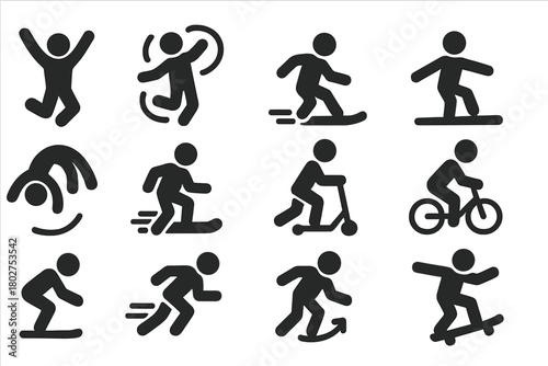 Dynamic Motion Icons. Solid style icons of Action and movement: jumping, spinning, sliding, balancing, flipping, carving, pushing,