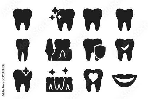 Oral Hygiene Icons. Solid style icons of Oral hygiene: healthy tooth, sparkling tooth, molar, incisor, canine, gum, tooth with