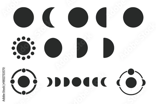 Lunar Phases Icons. Solid style icons of Lunar phases: new moon phase, waxing crescent, first quarter, waxing gibbous, full moon
