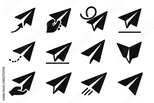 Paper Airplane Icons. Solid style icons of paper airplanes: launching paper plane, folding paper plane, looping paper plane,