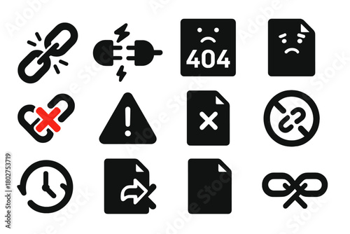 Broken Link Icons. Solid style icons of broken and error links: broken chain, disconnected plug, error 404, dead page, red cross