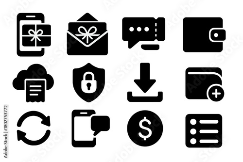 Digital Wallet Icons. Solid style icons of digital wallet gifting: smartphone with gift card, email e‑voucher, SMS code ticket,