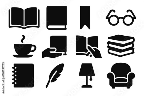 Book Lover's Essentials. Solid style icons of Book reading: open book, closed book, bookmark, reading glasses, cup of tea, hand
