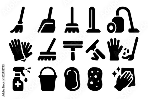 Cleaning Tools Icons. Solid style icons of Cleaning actions: broom, dustpan, mop, vacuum, gloves, sweeping brush, squeegee, trash
