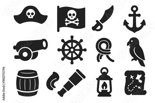 Pirate Adventure Icons. Solid style icons of Pirate adventure items: pirate hat, skull flag, cutlass, cannon, ship wheel, anchor,