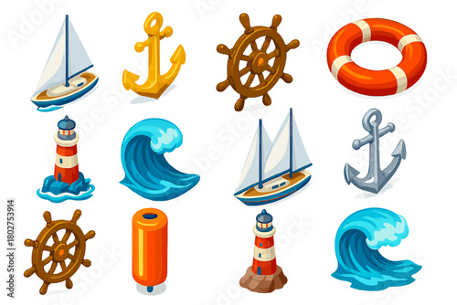 Colorful Nautical Icons. Isometric vector illustration set nautical symbols: sloop yacht, golden bronze anchor, varnished helm
