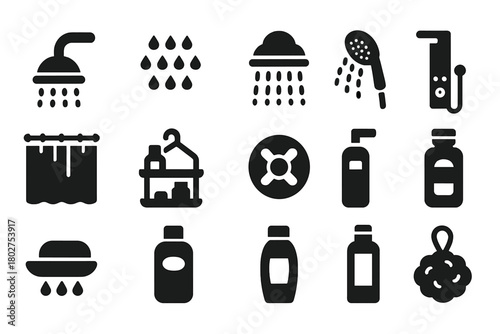 Shower Essentials Icons. Solid style icons of Shower items: showerhead, water spray, rain shower, handheld shower, shower curtain,