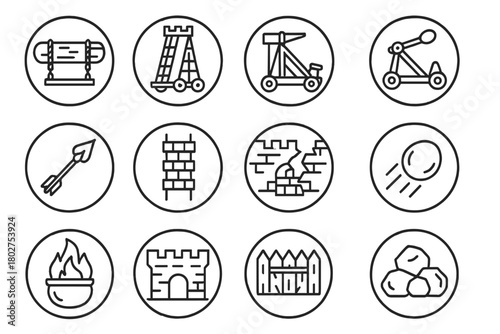 Siege Weapon Icons. Line style icons of siege elements in round shape: battering ram, siege tower, ladder on wall, catapult; fire
