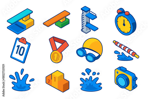 Diving Competition Icons. Isometric vector illustration set Diving Competition Icons: diving board, springboard, platform tower,