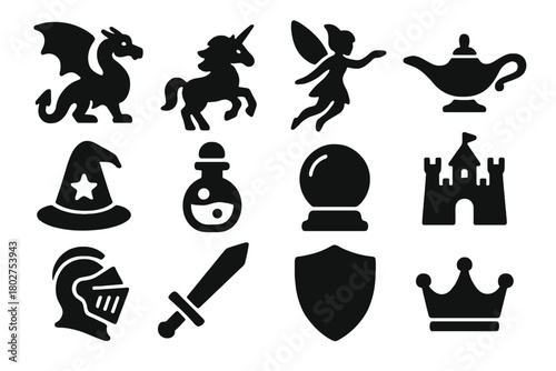 Fantasy Icon Collection. Solid style icons of Fantasy creatures: dragon, unicorn, fairy, genie lamp, wizard hat, potion bottle,