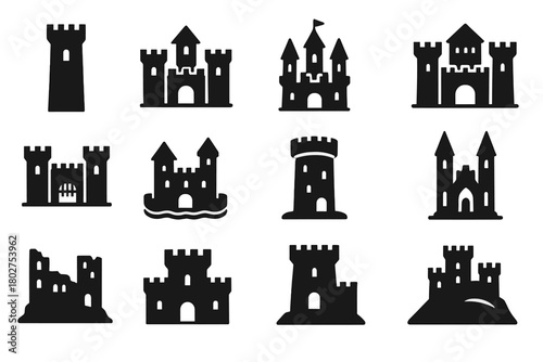 Solid Castle Icons. Solid style icons of castles: tall castle tower, stone castle, fairytale castle, fortified castle, castle gate