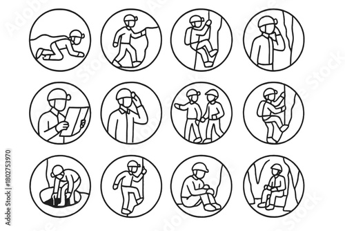 Cave Exploration Icons. Line style icons of cave exploration in round shape: crawling caver, caver walking, reaching ledge, rope