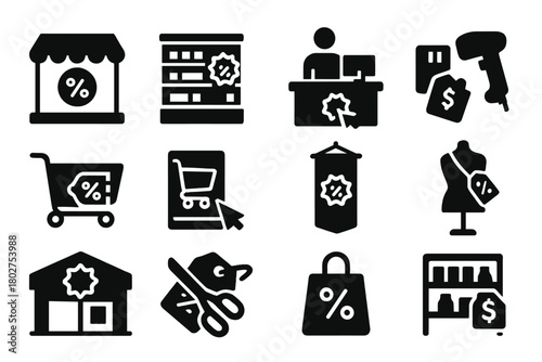 Retail Icons Collection. Solid style icons of retail environment: shop window sale, store aisle promotion, cashier discount, point