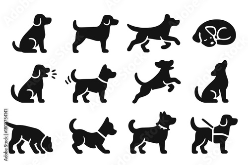 Dog Action Icons. Solid style icons of dogs: sitting dog, standing dog, running dog, sleeping dog, barking dog, wagging tail dog,