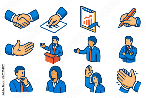 Set of blue and white icons depicting various business situations