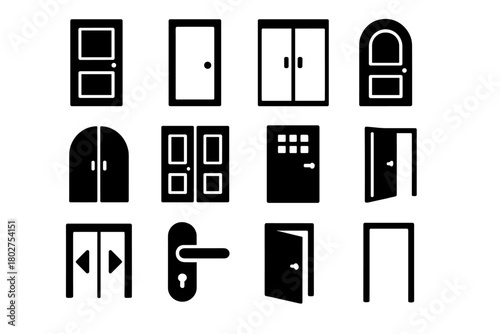 Diverse Door Icons. Solid style icons of Doors: wooden door, glass door, sliding door, revolving door, double door, arched door,