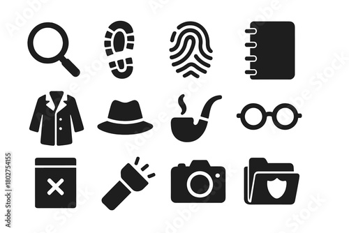 Detective Investigation Icons. Solid style icons of Detective investigation: magnifying glass, clue, fingerprint, notebook, trench