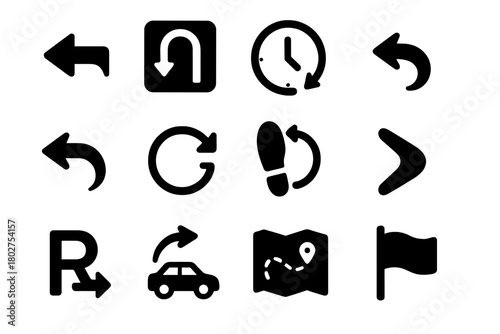 Reverse Motion Icons. Solid style icons of reverse motion: backward arrow, U-turn road sign, rewind clock, undo action, return